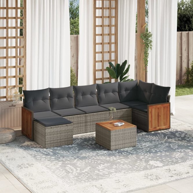 7-tlg. Garten-Sofagarnitur mit Kissen Schwarz Poly Rattan