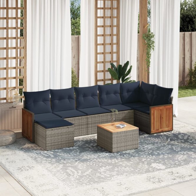 7-teiliges Gartensofa-Set mit Kissen, schwarzes Polyrattan