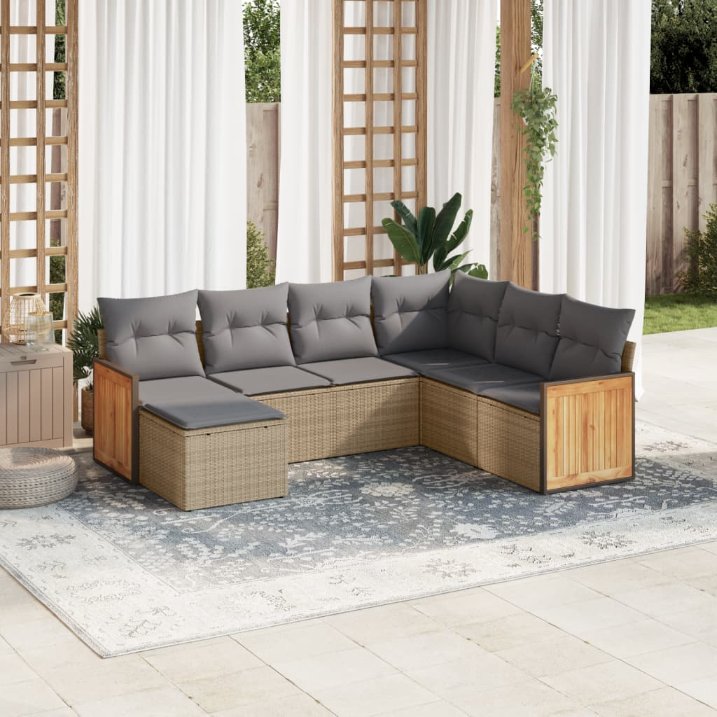 7-tlg. Garten-Sofagarnitur mit Kissen Schwarz Poly Rattan