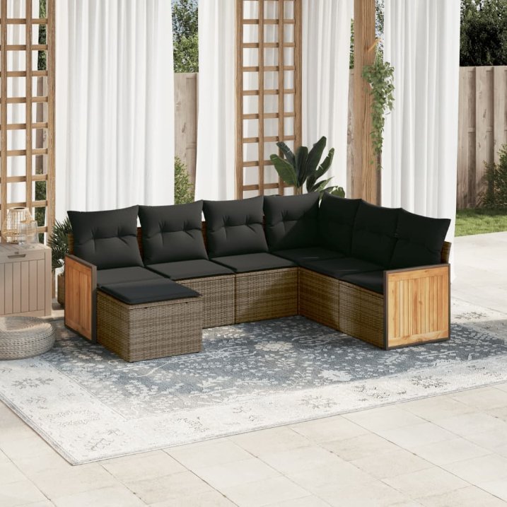7-tlg. Garten-Sofagarnitur mit Kissen Schwarz Poly Rattan