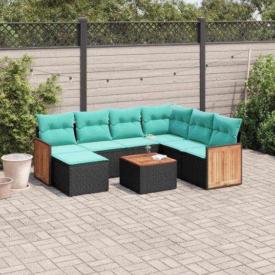7-teiliges Gartensofa-Set mit Kissen, schwarzes Polyrattan