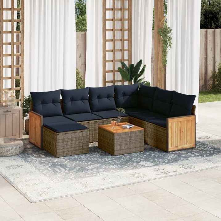 7-teiliges Gartensofa-Set mit Kissen, schwarzes Polyrattan