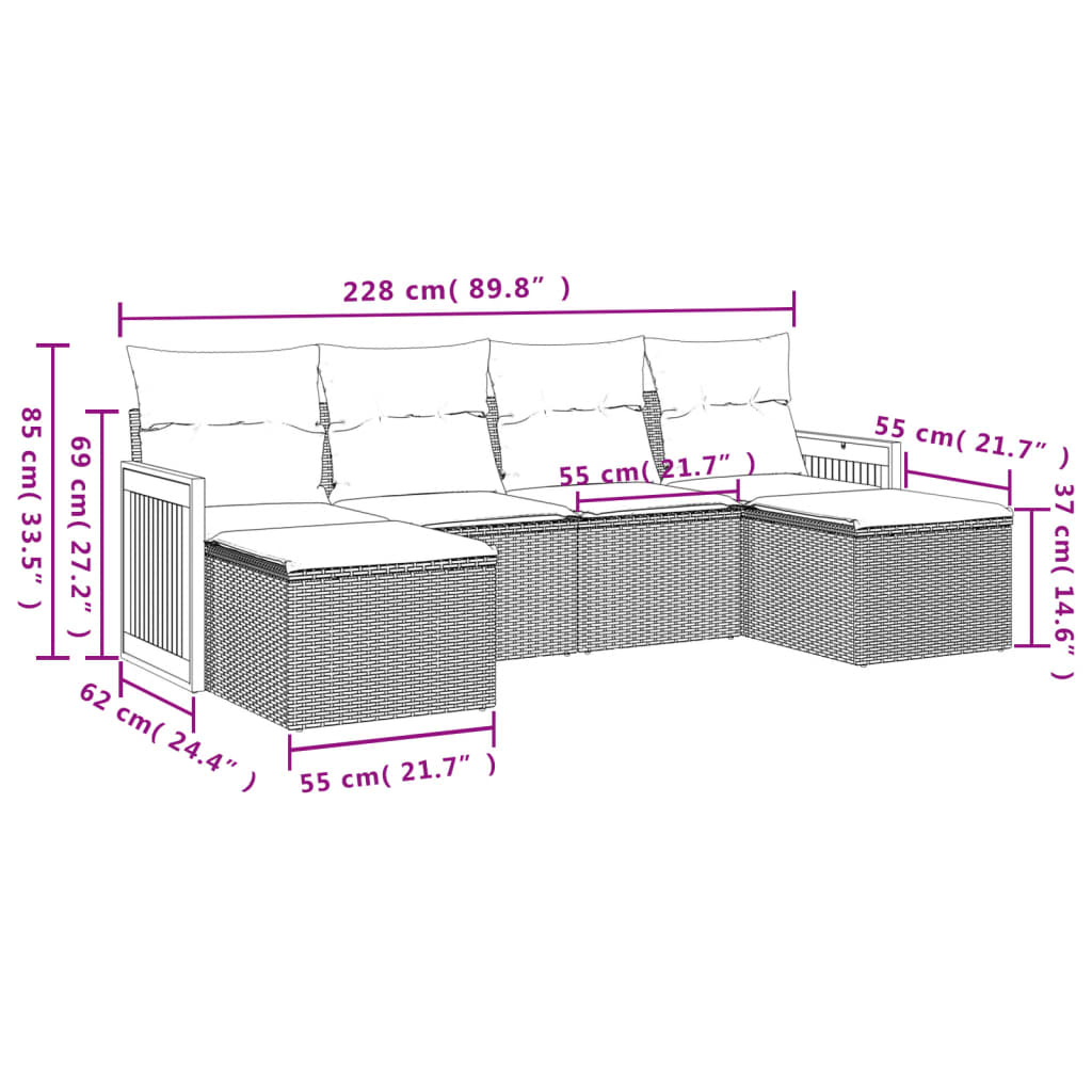 6-teiliges Gartensofa-Set mit Kissen, schwarzes Polyrattan