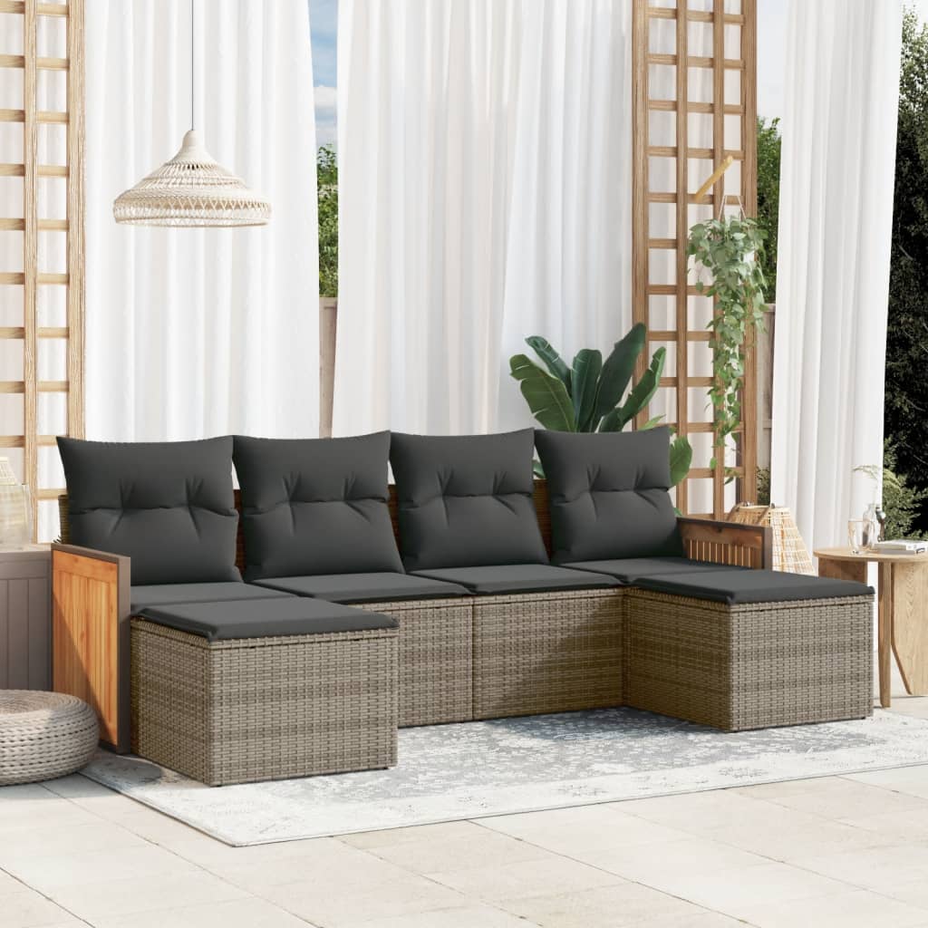 6-tlg. Garten-Sofagarnitur mit Kissen Schwarz Poly Rattan