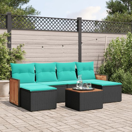 6-teiliges Gartensofa-Set mit Kissen, schwarzes Polyrattan