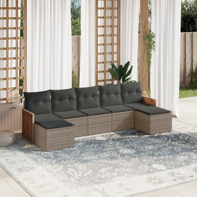 7-tlg. Garten-Sofagarnitur mit Kissen Schwarz Poly Rattan