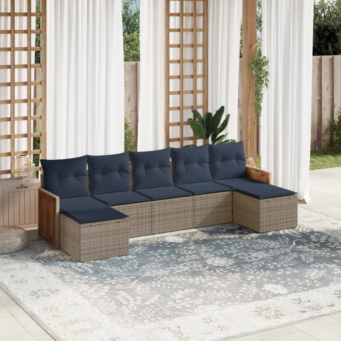 7-teiliges Gartensofa-Set mit Kissen, schwarzes Polyrattan