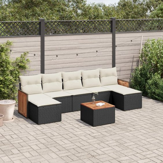7-tlg. Garten-Sofagarnitur mit Kissen Schwarz Poly Rattan
