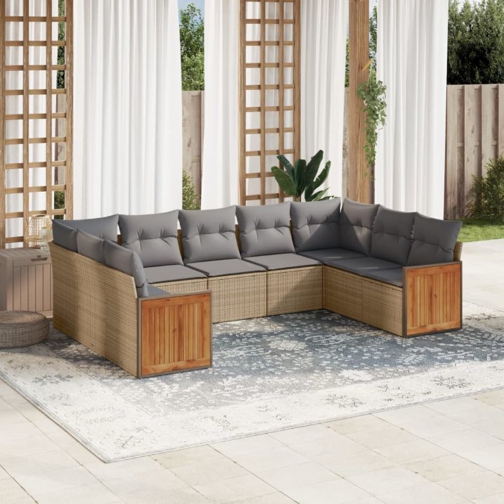 9-tlg. Garten-Sofagarnitur mit Kissen Schwarz Poly Rattan