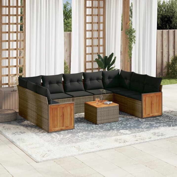 9-tlg. Garten-Sofagarnitur mit Kissen Schwarz Poly Rattan