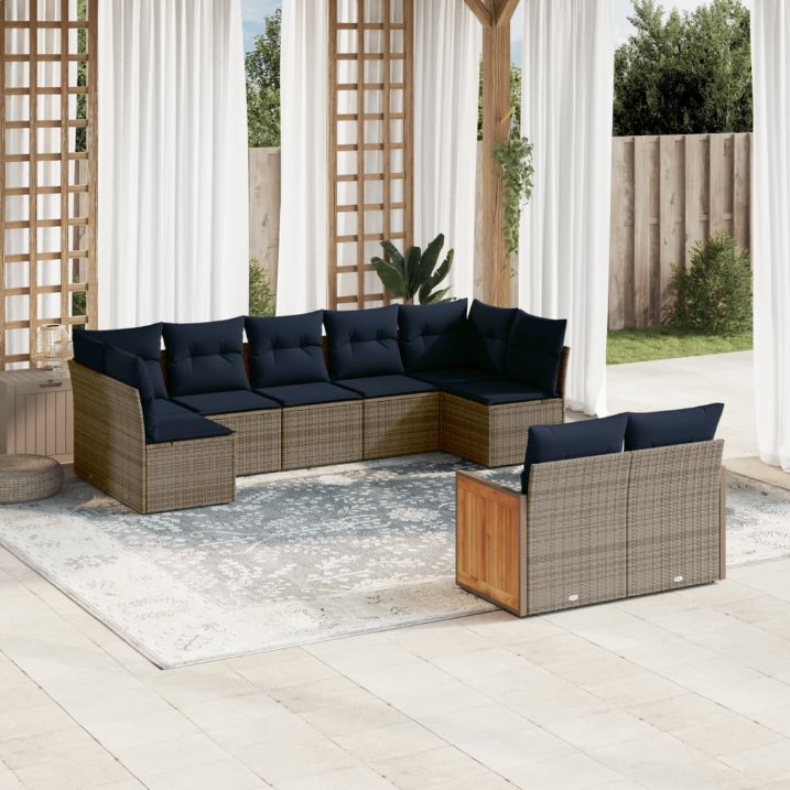 9-teiliges Gartensofa-Set mit Kissen, schwarzes Polyrattan