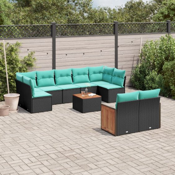 9-teiliges Gartensofa-Set mit Kissen, schwarzes Polyrattan