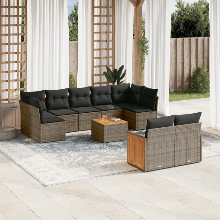 9-tlg. Garten-Sofagarnitur mit Kissen Schwarz Poly Rattan