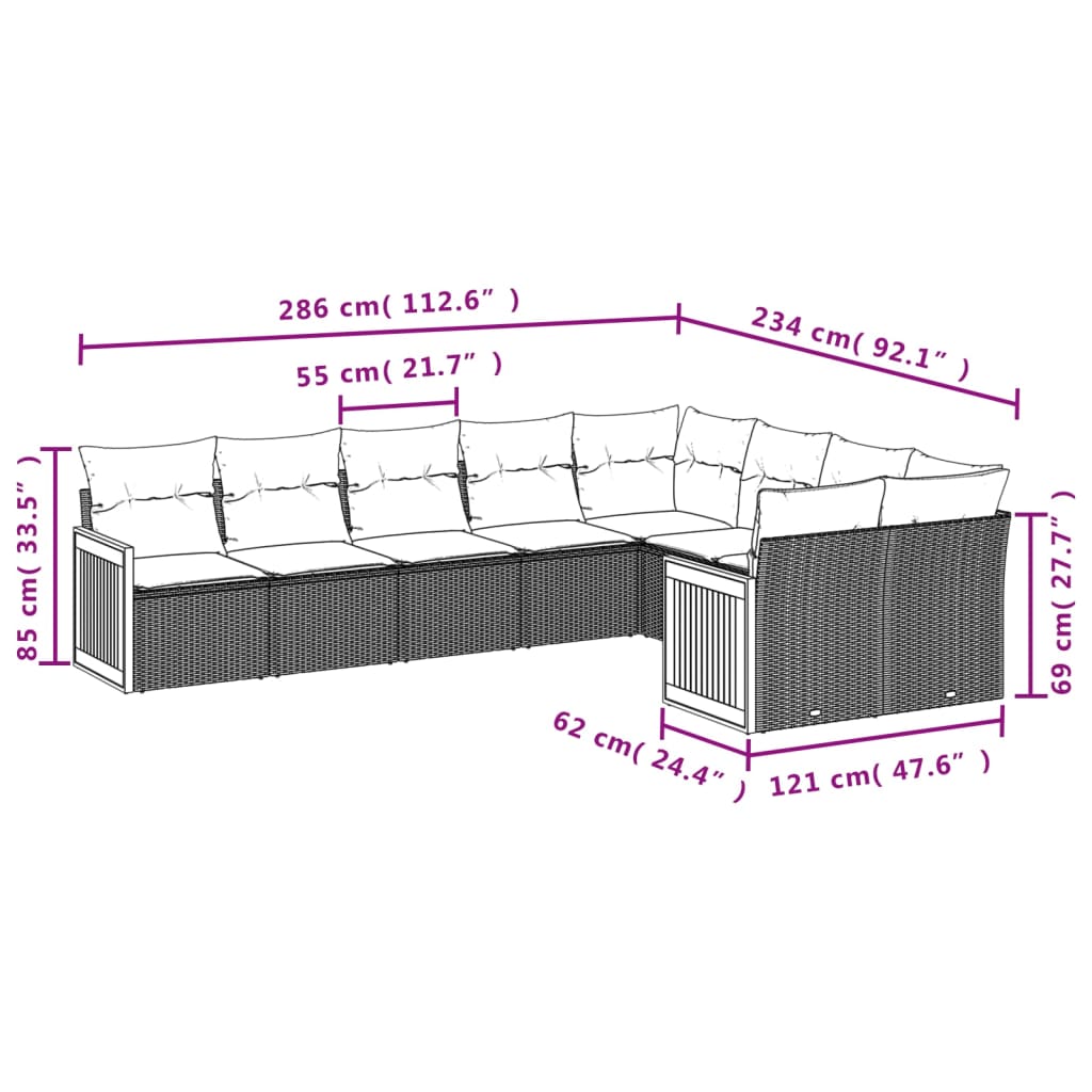 9-teiliges Gartensofa-Set mit Kissen, schwarzes Polyrattan