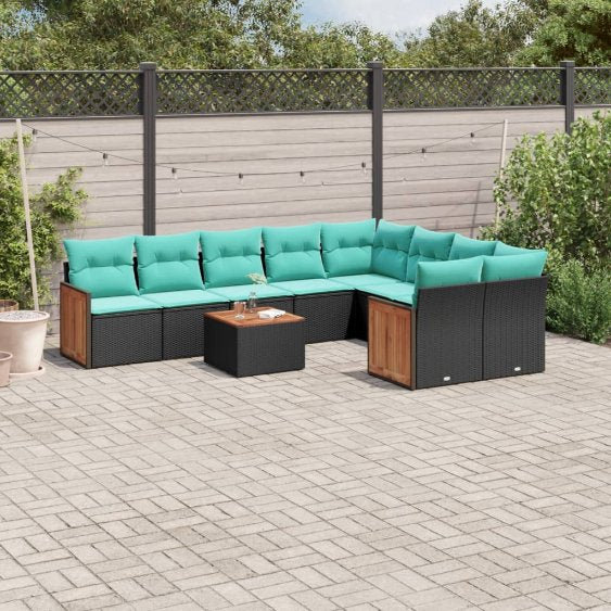 9-teiliges Gartensofa-Set mit Kissen, schwarzes Polyrattan