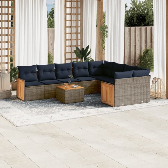 9-teiliges Gartensofa-Set mit Kissen, schwarzes Polyrattan