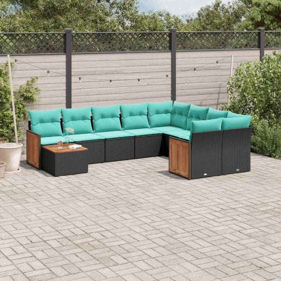 vidaXL 10-teiliges Gartensofa-Set mit Kissen, schwarzes Polyrattan