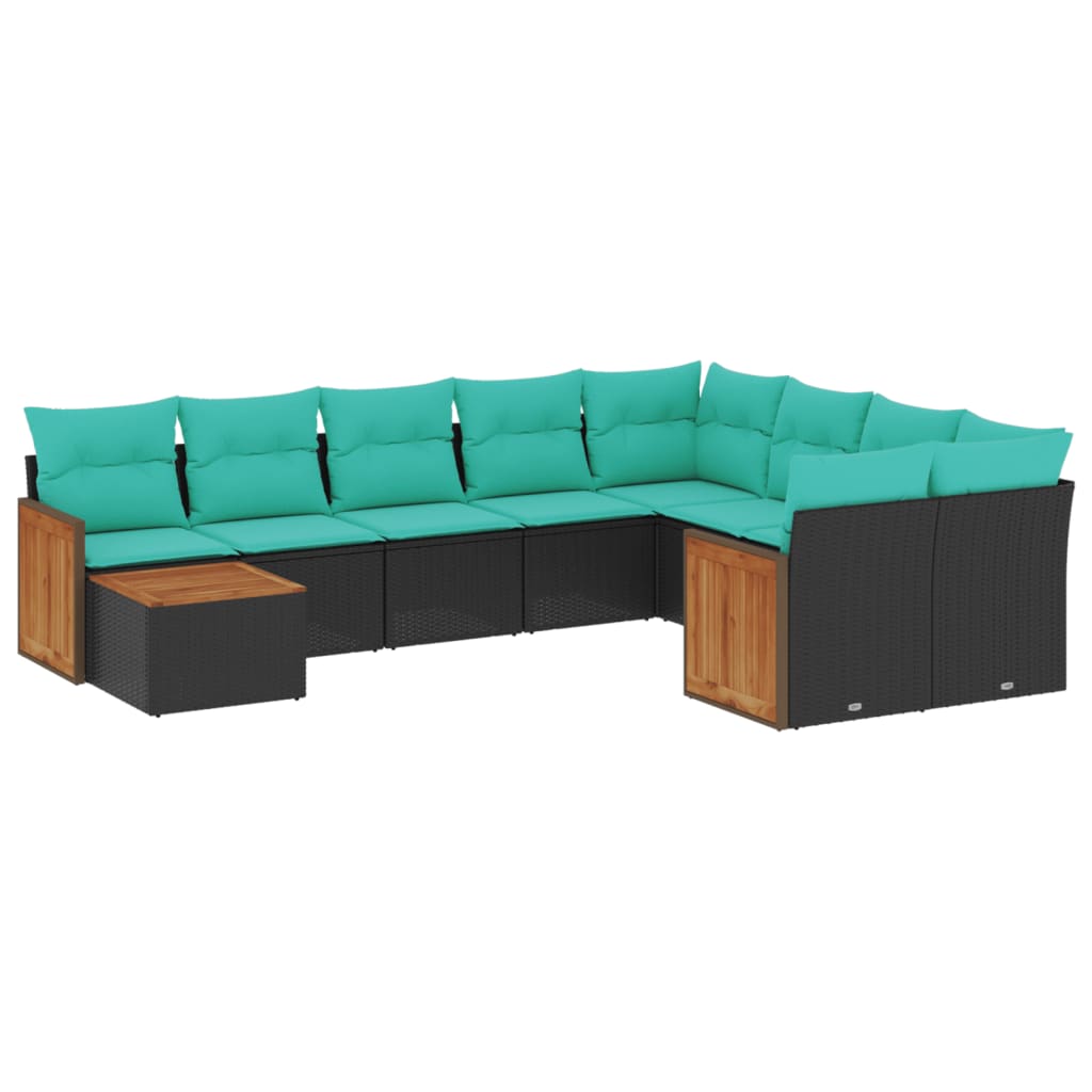 vidaXL 10-teiliges Gartensofa-Set mit Kissen, schwarzes Polyrattan