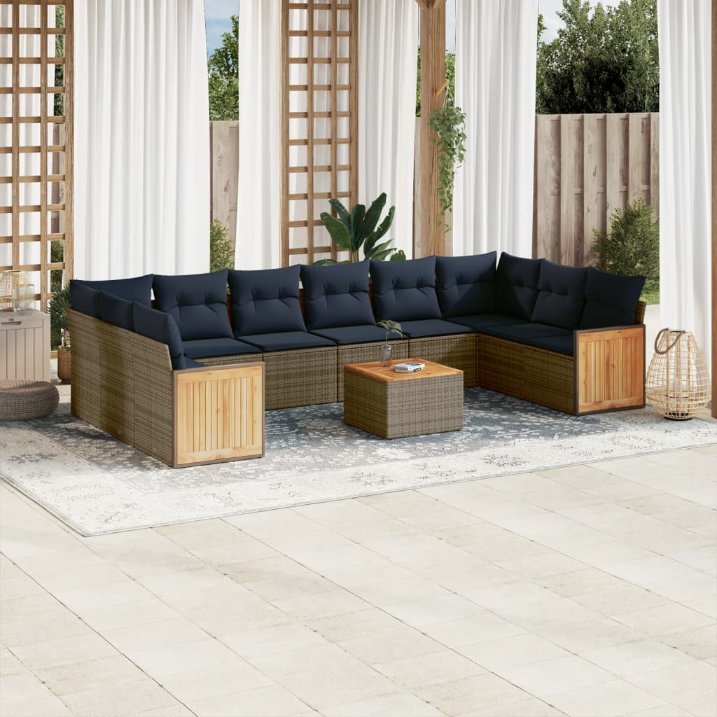 vidaXL 10-teiliges Gartensofa-Set mit Kissen, schwarzes Polyrattan