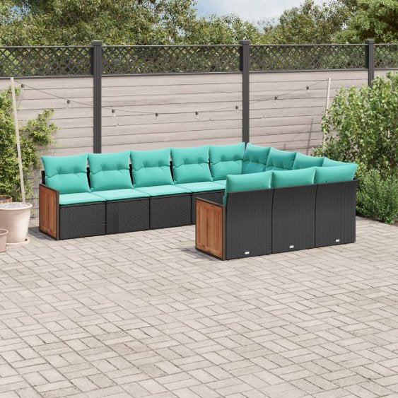 vidaXL 10-teiliges Gartensofa-Set mit Kissen, schwarzes Polyrattan