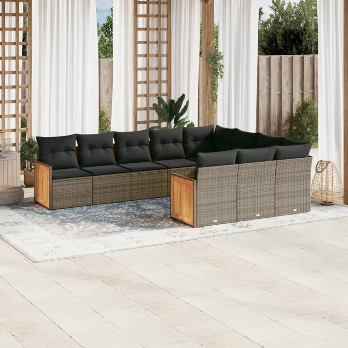 vidaXL 10-tlg. Garten-Sofagarnitur mit Kissen Schwarz Poly Rattan