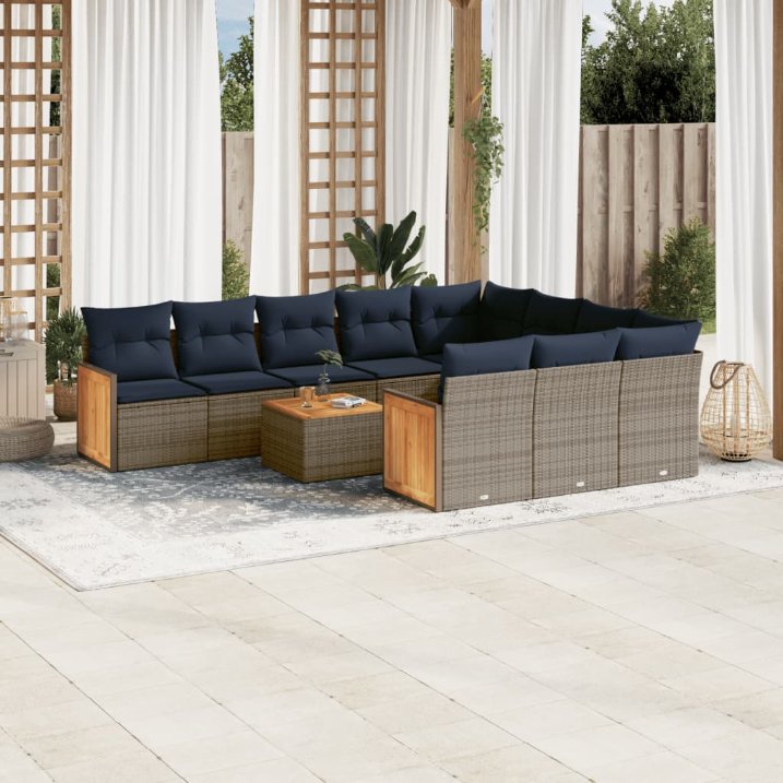 vidaXL 10-teiliges Gartensofa-Set mit Kissen, schwarzes Polyrattan