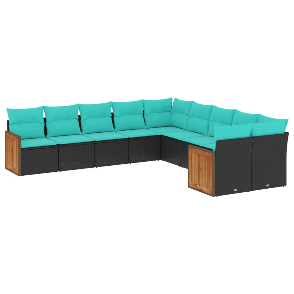 vidaXL 10-teiliges Gartensofa-Set mit Kissen, schwarzes Polyrattan