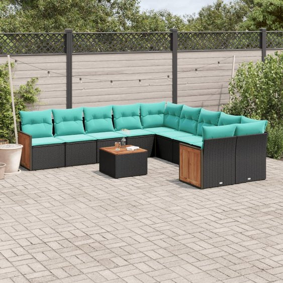 vidaXL 10-teiliges Gartensofa-Set mit Kissen, schwarzes Polyrattan