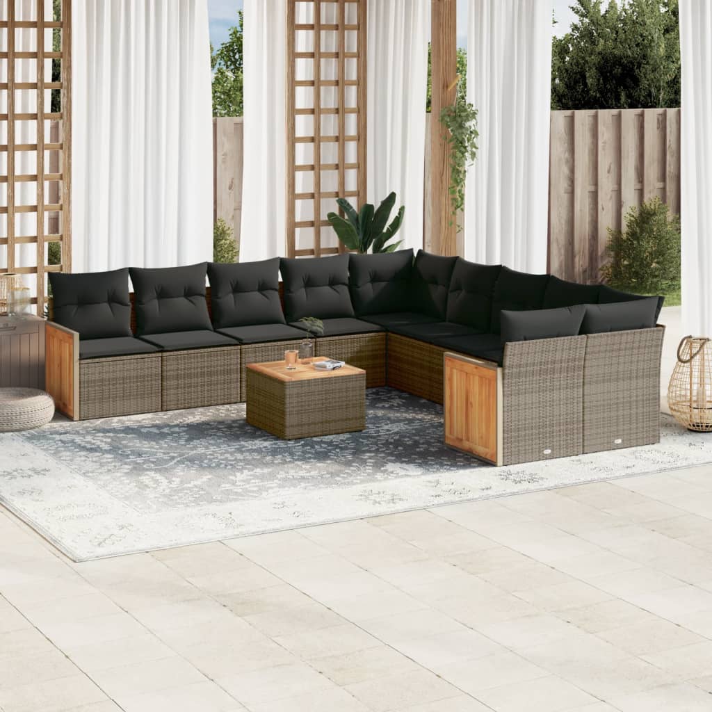 vidaXL 10-tlg. Garten-Sofagarnitur mit Kissen Schwarz Poly Rattan