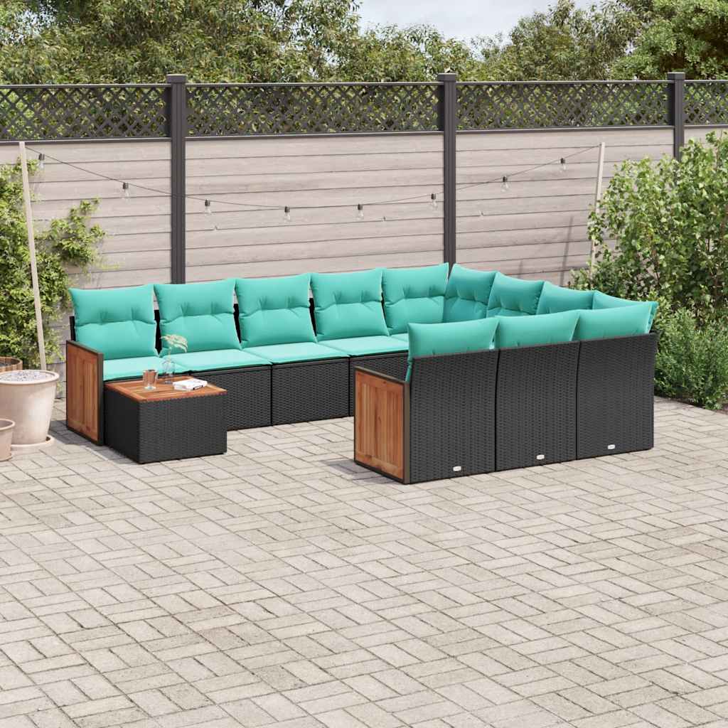 vidaXL 11-teiliges Gartensofa-Set mit Kissen, schwarzes Polyrattan