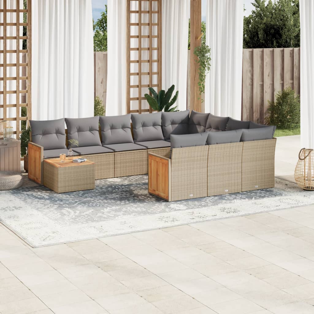11-tlg. Garten-Sofagarnitur mit Kissen Schwarz Poly Rattan