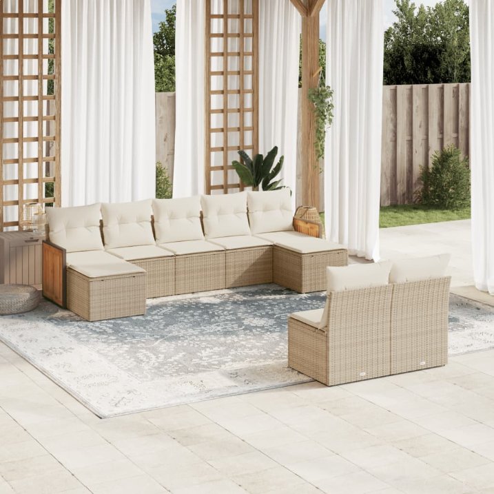 9-tlg. Garten-Sofagarnitur mit Kissen Schwarz Poly Rattan