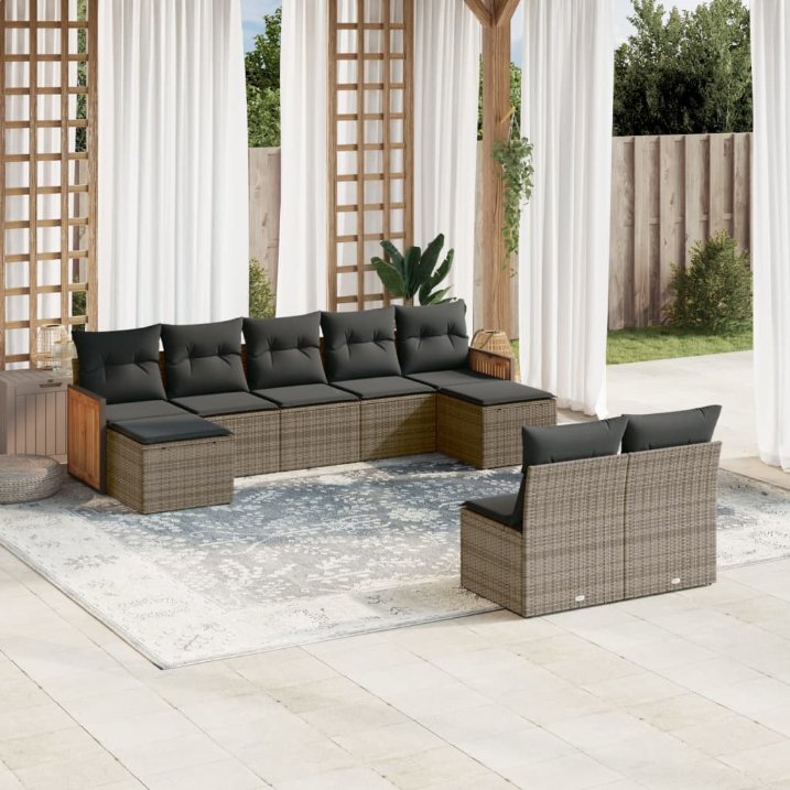 9-tlg. Garten-Sofagarnitur mit Kissen Schwarz Poly Rattan