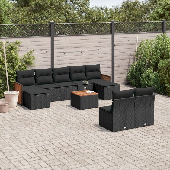 9-tlg. Garten-Sofagarnitur mit Kissen Schwarz Poly Rattan