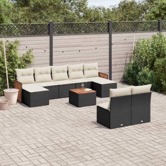 9-tlg. Garten-Sofagarnitur mit Kissen Schwarz Poly Rattan