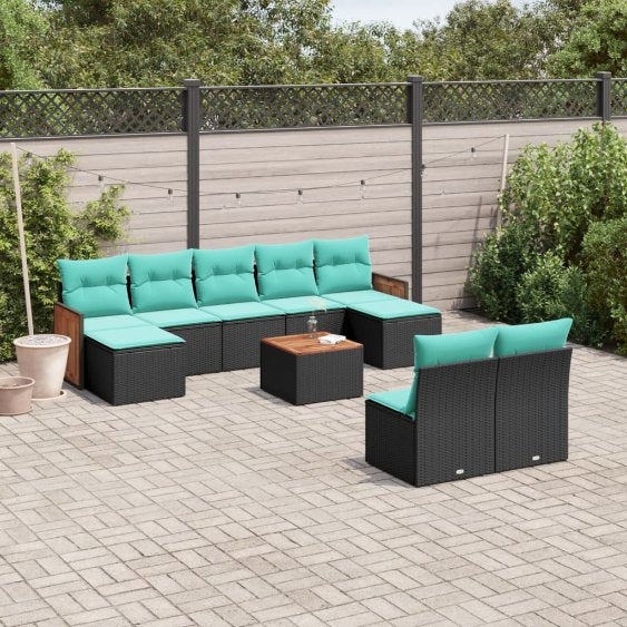 9-teiliges Gartensofa-Set mit Kissen, schwarzes Polyrattan
