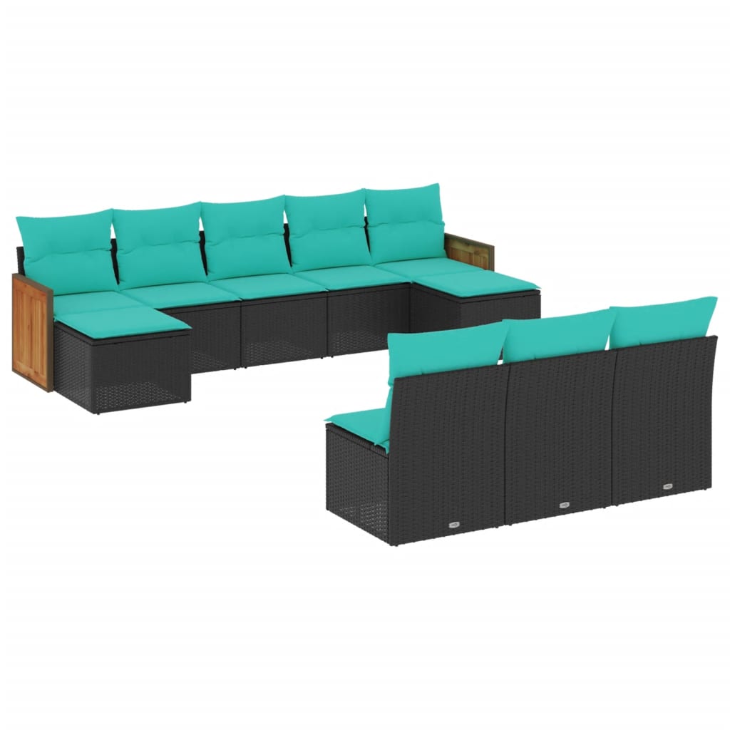 vidaXL 10-teiliges Gartensofa-Set mit Kissen, schwarzes Polyrattan