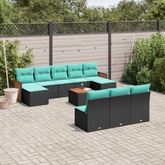 vidaXL 10-teiliges Gartensofa-Set mit Kissen, schwarzes Polyrattan