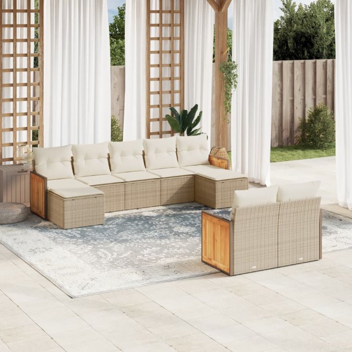 9-tlg. Garten-Sofagarnitur mit Kissen Schwarz Poly Rattan