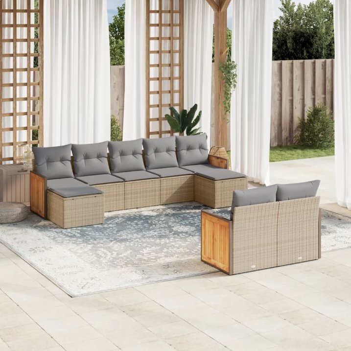 9-tlg. Garten-Sofagarnitur mit Kissen Schwarz Poly Rattan