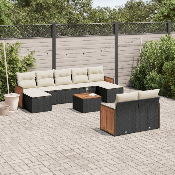 9-tlg. Garten-Sofagarnitur mit Kissen Schwarz Poly Rattan