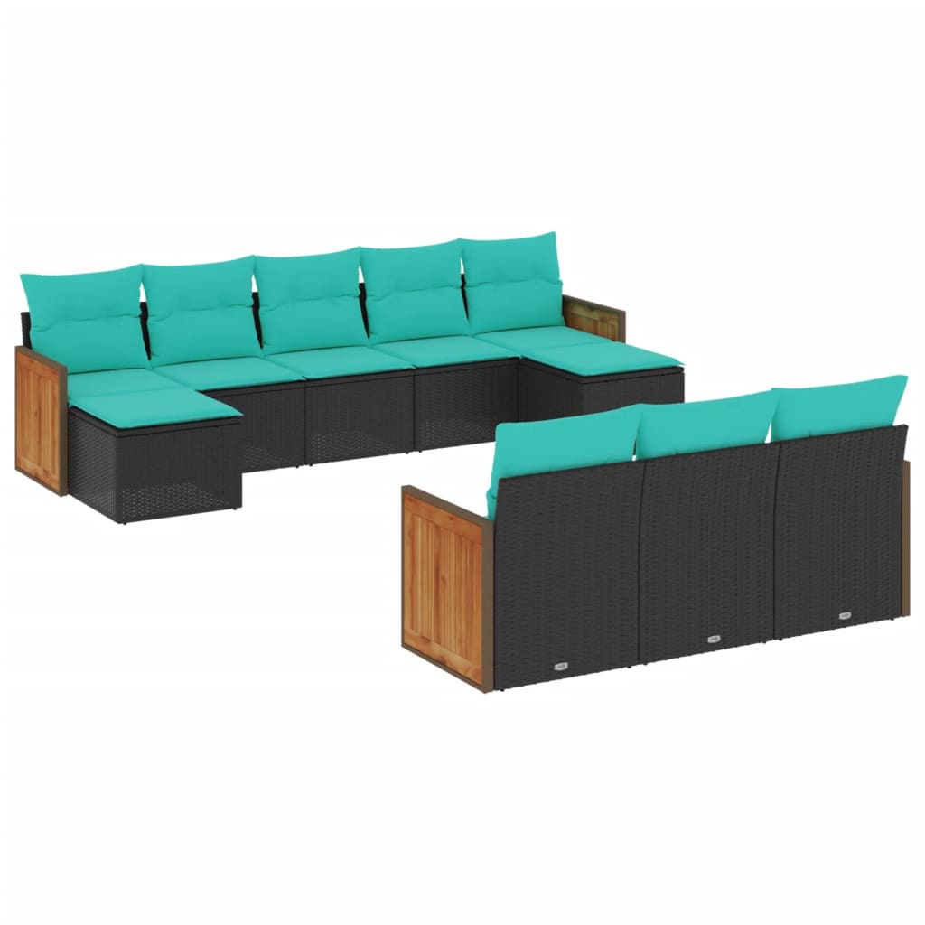 vidaXL 10-teiliges Gartensofa-Set mit Kissen, schwarzes Polyrattan