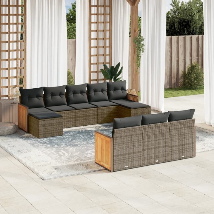 vidaXL 10-tlg. Garten-Sofagarnitur mit Kissen Schwarz Poly Rattan