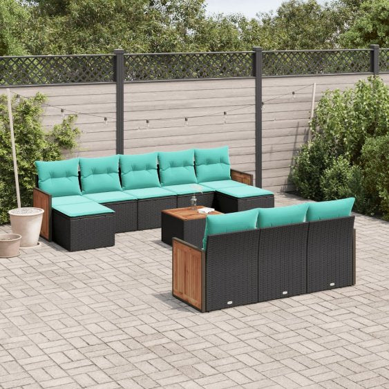 vidaXL 10-teiliges Gartensofa-Set mit Kissen, schwarzes Polyrattan