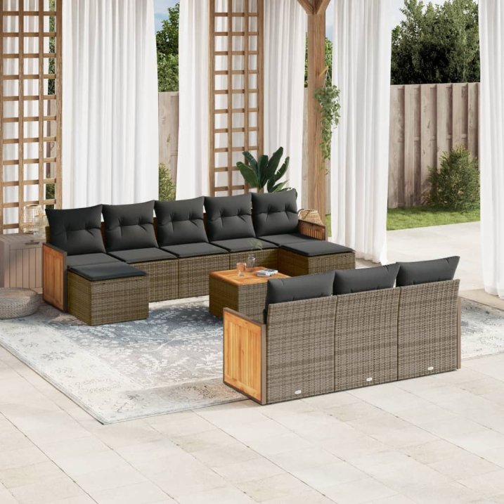 vidaXL 10-tlg. Garten-Sofagarnitur mit Kissen Schwarz Poly Rattan