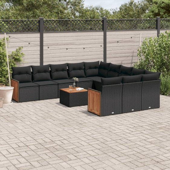 11-tlg. Garten-Sofagarnitur mit Kissen Schwarz Poly Rattan