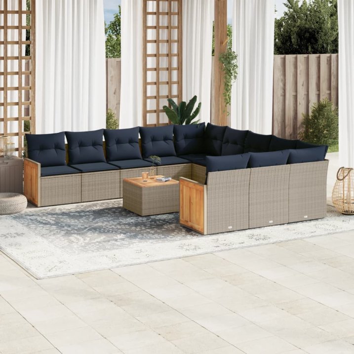 vidaXL 11-teiliges Gartensofa-Set mit Kissen, schwarzes Polyrattan