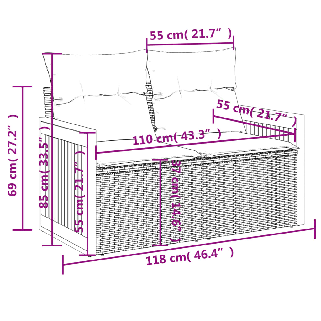 13-teiliges Gartensofa-Set mit Kissen, schwarzes Polyrattan