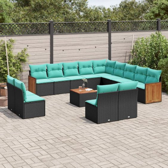13-teiliges Gartensofa-Set mit Kissen, schwarzes Polyrattan