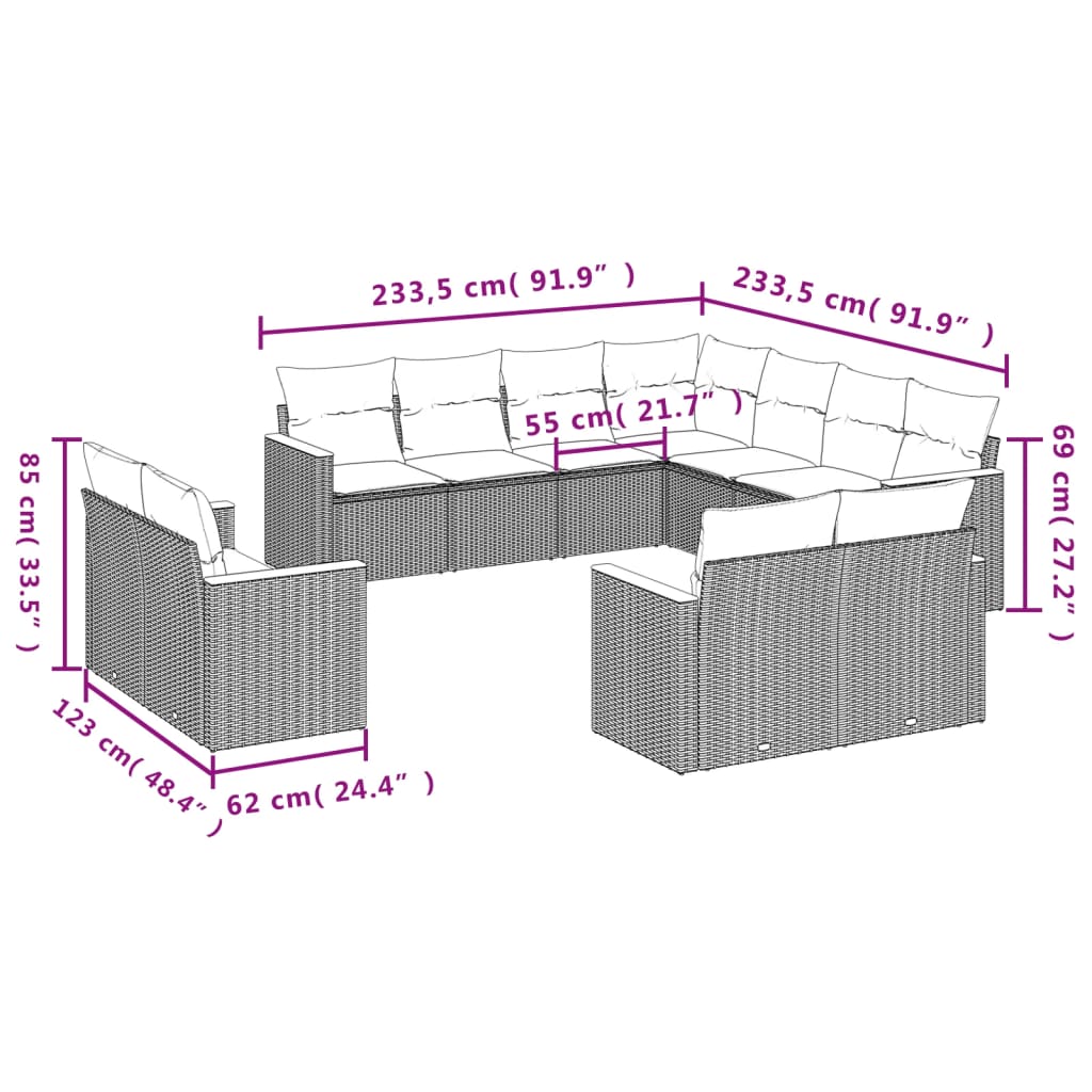 vidaXL 11-teiliges Gartensofa-Set mit Kissen, schwarzes Polyrattan